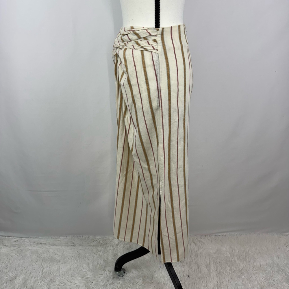 Madewell Twist-Front Sarong Midi Skirt Stripe Womens Cream 2 Side Slit Linen NWT - Picture 8 of 14